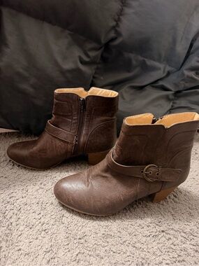 Women's Brown Low Heel Ankle Booties with Buckle Strap, Side Zip size 9